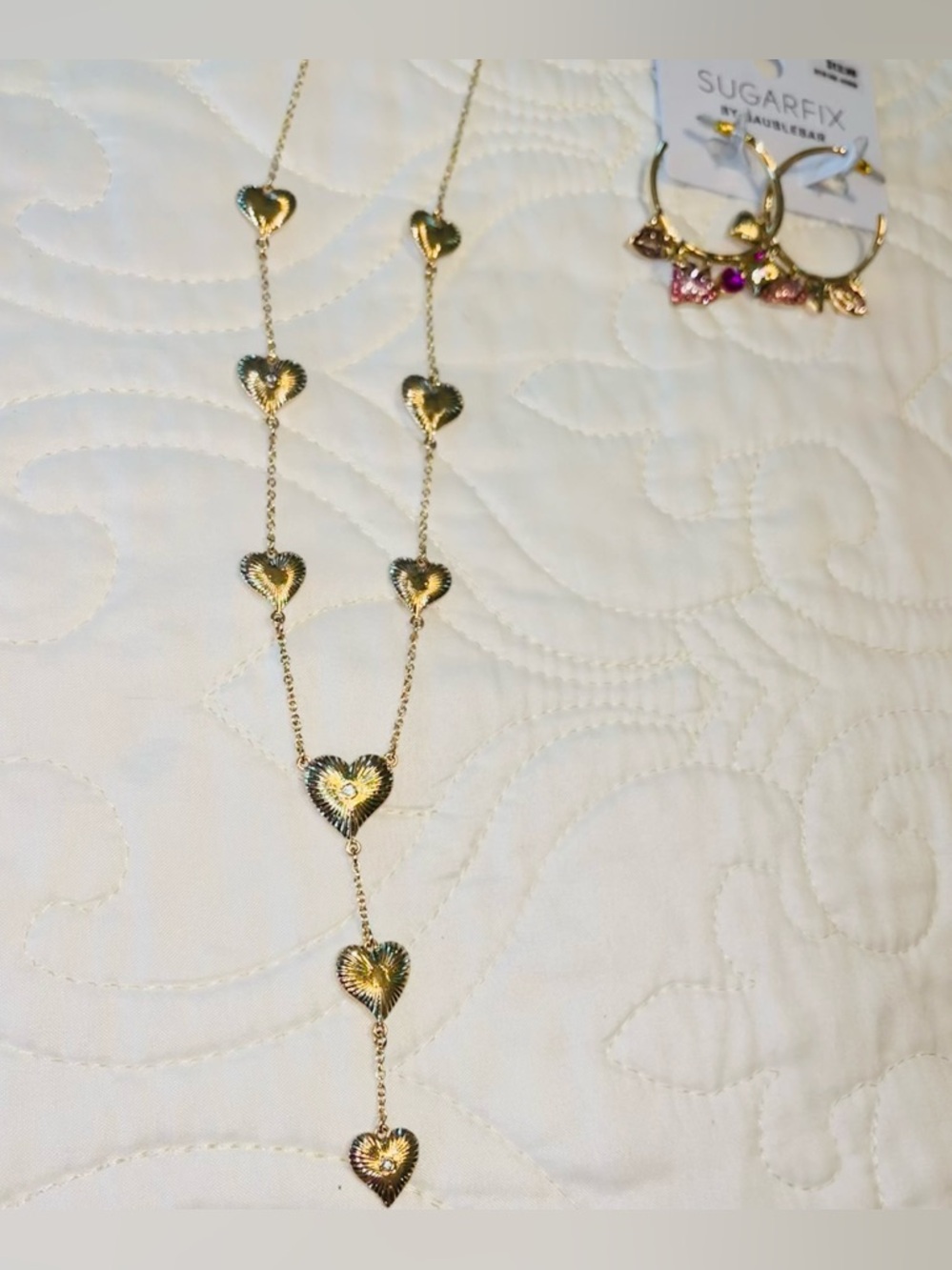 NEW Never Worn! SUGARFIX Gold Heart Necklace and Gold Hoop Earrings with Charms - Picture 4 of 6